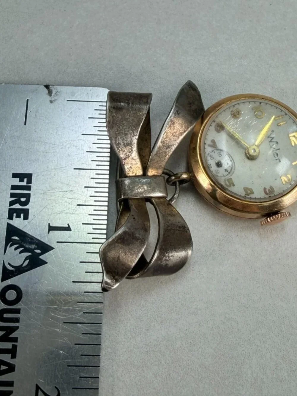 Vintage Sterling Silver Bow Brooch Wyler  Gold Filled Watch Pin
